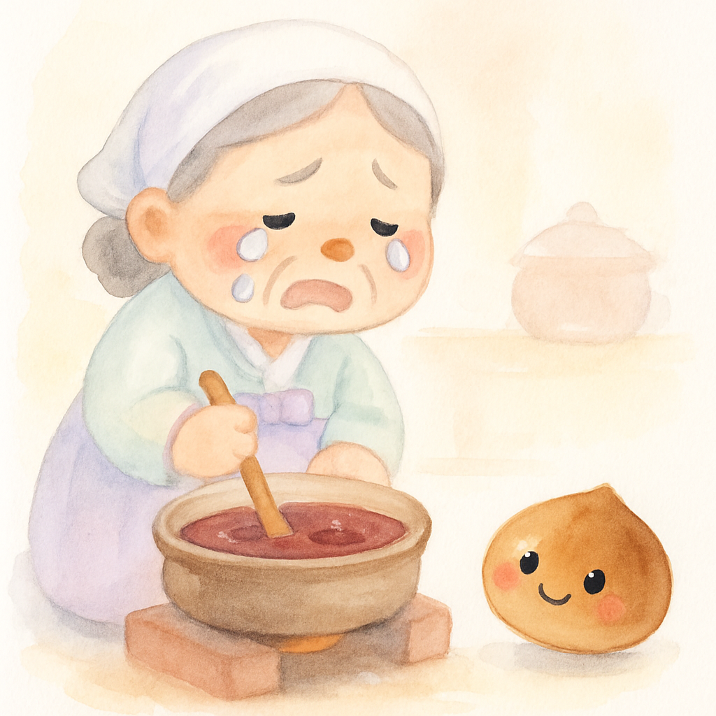 할머니가 팥죽을 저으며 울고 있는데 작은 알밤이 데굴데굴 굴러오는 장면